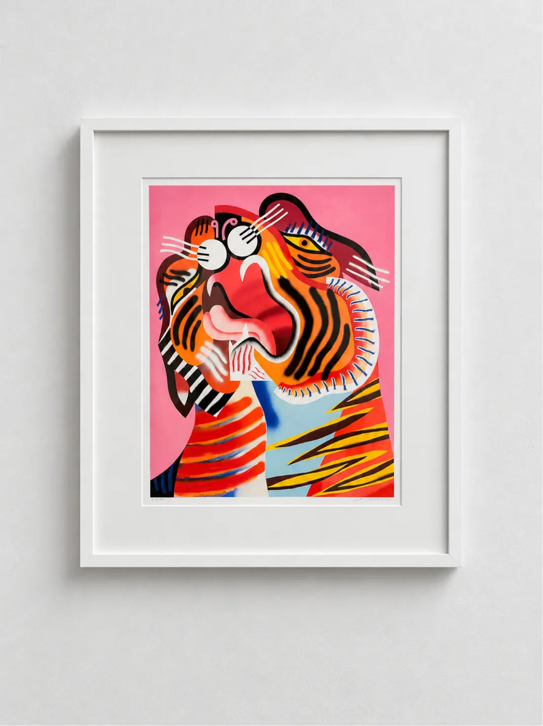 Làmina il·lustrada d'un tigre de colors vius, en un marc blanc.